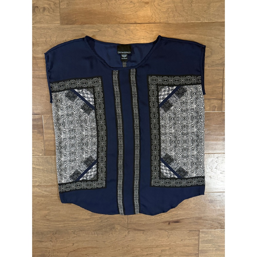 Cynthia Rowley Navy Blue Geometric Tribal Print‎ Sleeveless Blouse Top Large